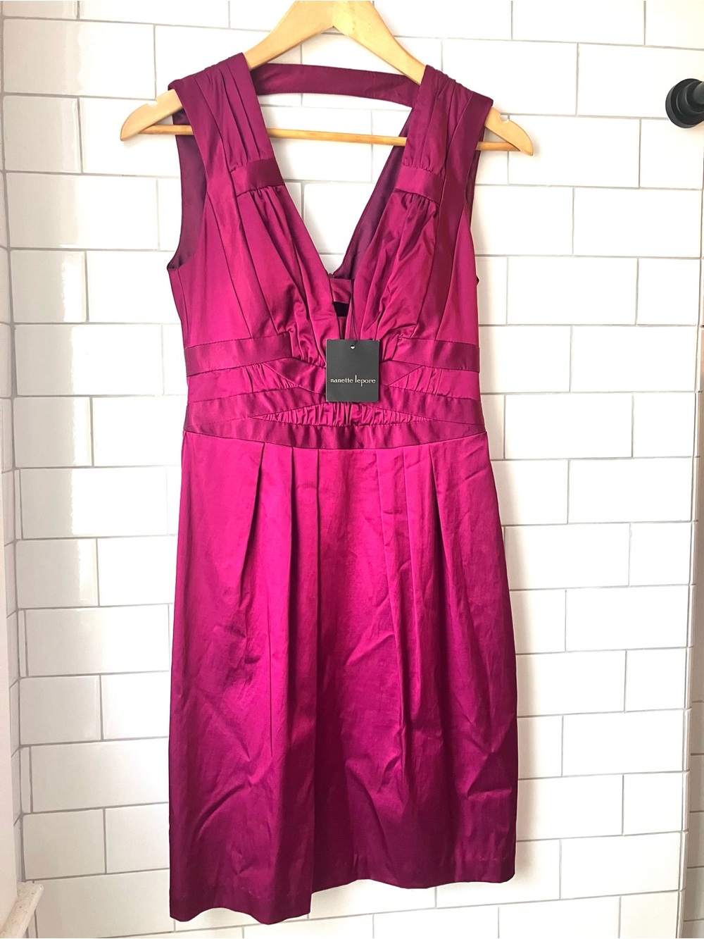 Nanette Lepore Magenta Pleated V-Neck Midi Dress